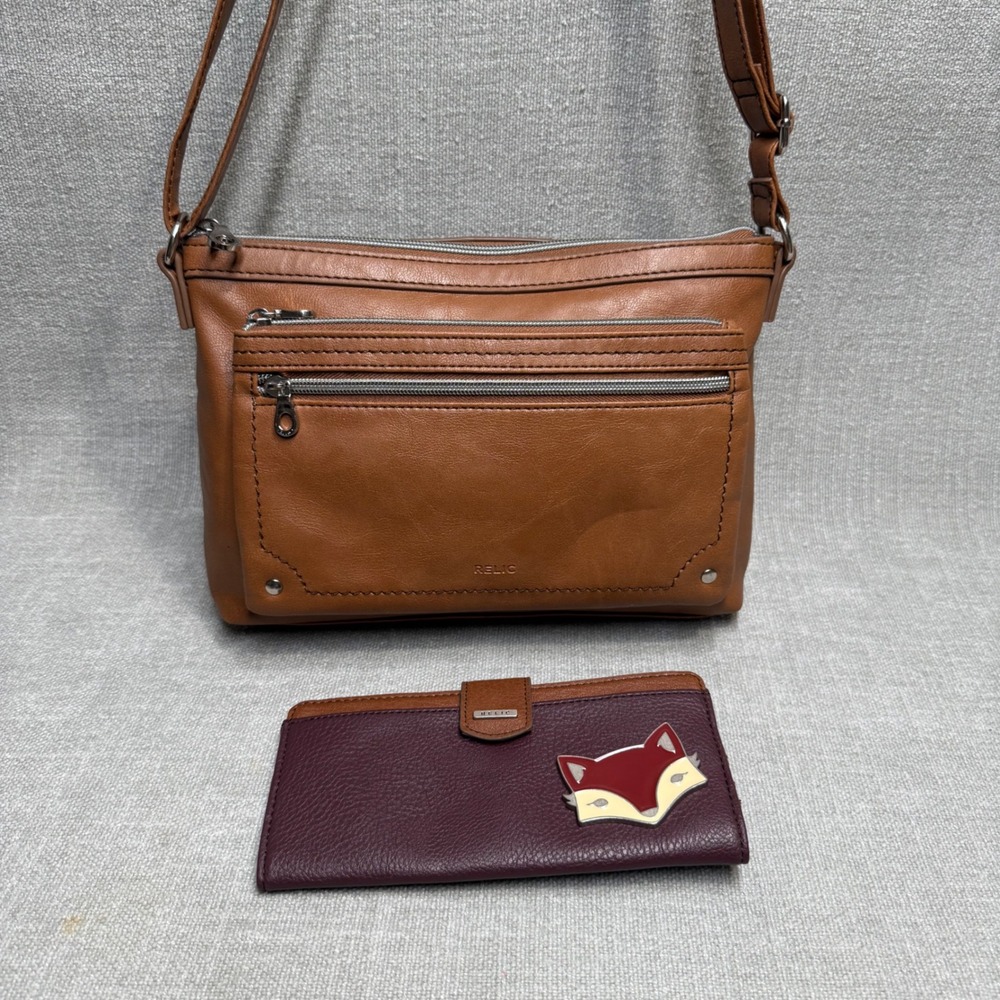 Relic Crossbody Bag & Fox Wallet Set Brown Faux Leather Purse Organizer Handbag